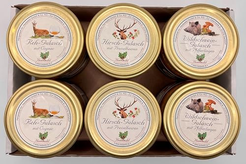 6er Mix-Tray Gulasch (2 Gläser Hirsch-Gulasch, 2 Gläser Wildschwein-Gulasch, 2 Gläser Reh-Gulasch)