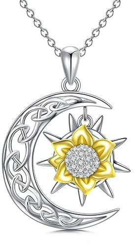 REDSUN 925 Sterling Silber Mondsichel Anhänger Halskette Sonnenblume Mond Halskette Keltischer Mond Schmuck Geschenke für Frauen Mädchen Weihnachten Geburtstag