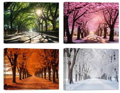 ZXHYWYM Vier Jahreszeiten Leinwandbilder 4 teilig Frühling Sommer Herbst Winter Bild Drucke Naturlandschaft Gemälde moderne Heimdekoration (Bild-1, (20.00 x 30.00 cms x 4 Teilig))