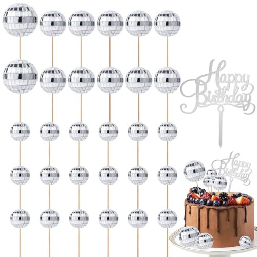 31pcs Disco Ball Cupcake Toppers with Happy Birthday Sign, Silver Multiple Sizes Disco Theme Cake Toppers Disco Ball Cake Picks Decorations for 70s Disco Theme Party Favor, with Sticks