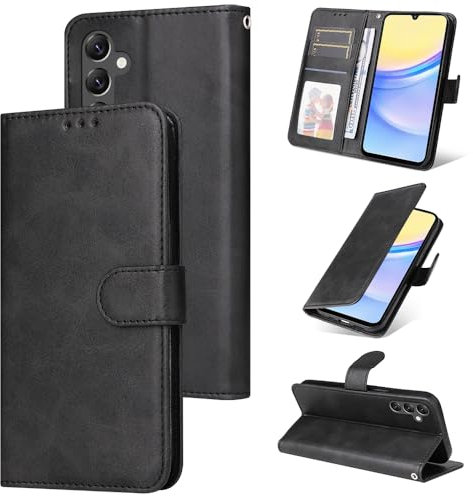 E-Lush Coque pour Samsung Galaxy A15 4G / 5G Cuir PU, Portefeuille Coque pour Samsung A15 Etui Magnétique Flip Case avec Fonction Support Fente Carte Housse 360 Degrés Antichoc Protection, Noir