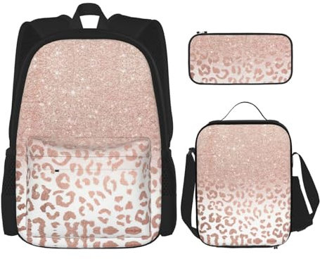 SUHNGE Rucksack mit Totenkopf- und Blättermuster, 3-teilig, mit Lunch-Tasche, Federmäppchen für Mädchen, Mittelschule, Roségold Glitzer, Einheitsgröße