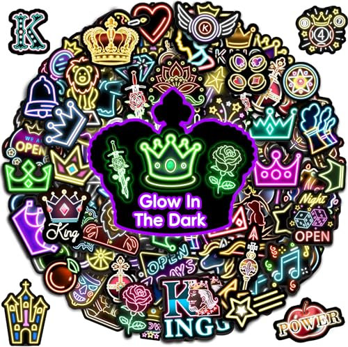 Neon Water Bottle Stickers for Kids Glow in The Dark, 79 PCS Vinyl Crown Waterproof Stickers Pack for Laptop Skateboard Phone Case, Cute Colorful Neon Decals for Teens