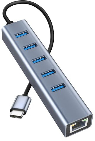 Hub USB 3.0 Ethernet 6 in 1 Multiprise USB Répartiteur C pour Adaptateur en Aluminium avec 1 Port LAN RJ45, 5 Ports de données USB pour Macbook, Mac Pro/Mini, iMac,PC