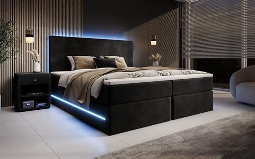 Boxspringbett Voyage 180x200 Doppelbett Polsterbett Bett mit LED und Stauraum | Bezug: Samt | Farbe: Schwarz | Härtegrad: H2 (bis 70kg)