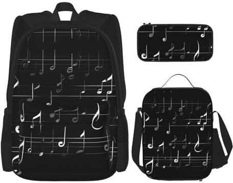 KWQDOZF Notes de musique noires imprimé Cactus désert, ensemble 3 en 1 avec boîte à déjeuner, sac à crayons, sac à dos, ensemble décontracté pour salle de sport, plage, voyage