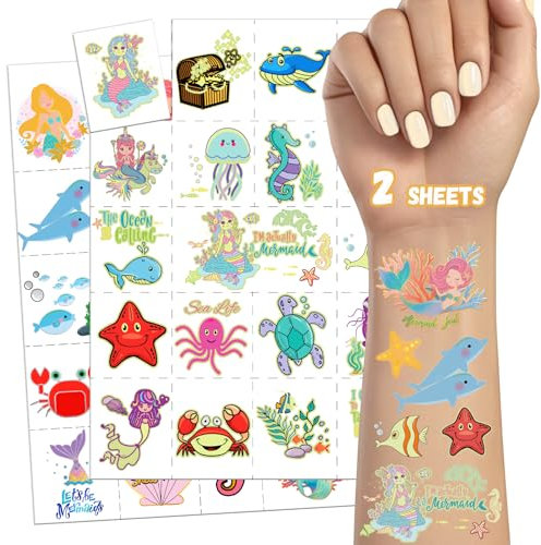 TatoYard 38 Stück Meerjungfrau Tattoo Kinder – 2 Blätter Glitzer + Leucht Tattoo für Mädchen, als Mitgebsel Kindergeburtstag für Kinder, Geburtstagsdeko Kleine Geschenke für Kinder