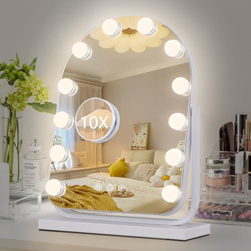 homtang Hollywood-Make-up-Spiegel, 3 Modi, Licht-Schminkspiegel mit Lichtern, Smart-Touch-Steuerung und abnehmbarem Schreibtischspiegel mit 10-facher Vergrößerung, 39 x 29 cm,