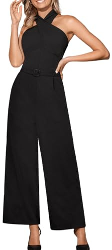 CUPSHE Damen Elegant Jumpsuit Crossover Neckholder Ärmellos Lang Playsuit | Hohe Taille Schnitt, Weites Bein Design, Praktische Seitentaschen, Glatter Fallstoff, Party Abend Look