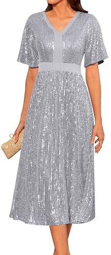 Women's Short Sleeve V-Neck Swing Cocktail Dress - Elegant Sequin A-Line Pleated Skirt Casual Evening Dress M Silver