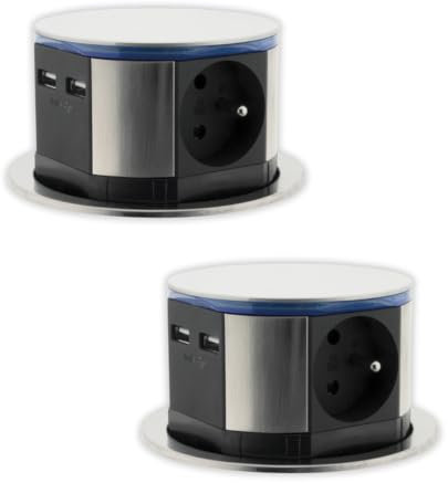 Lot de 2 blocs multiprises encastrables compact LED 3 prises 16A 2P+T & 2x USB - Inox - Otio