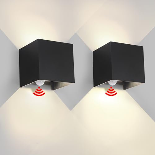 2 Pack Applique Murale Exterieur Interieur Lumière Avec Dètecteur de Mouvement LED Lampe Murale Extèrieures IP65 Étanche Noir 6W 4000K carrèe en aluminium Règlage de l'angle d'èclairage