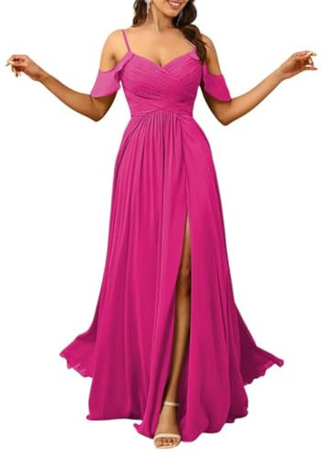 Vestidos de dama de honor de gasa con hombros descubiertos para mujer, vestidos largos formales de noche con bolsillos, fucsia, 46