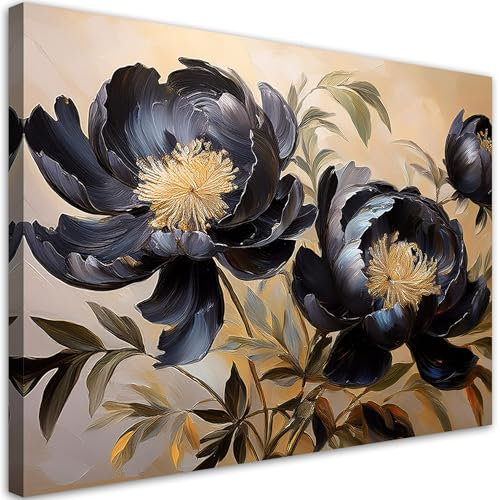 Feeby Leinwand Bilder - Schwarze Pfingstrose Blume Natur - Vlies 120x80 cm - Deko Wohnzimmer - Wandbilder Schlafzimmer - Deko Aesthetic - Wand Deko - Leinwand Groß - Deko Zimmer - Leinwandbilder XXL