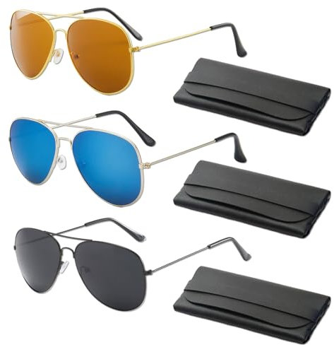 TICKLELY Flugzeug-Sonnenbrille – 3er Set Pilotensonnenbrillen mit Etui – Polarisiert, Leicht, Modisch für Damen und Herren, UV-Schutz, Schwarz