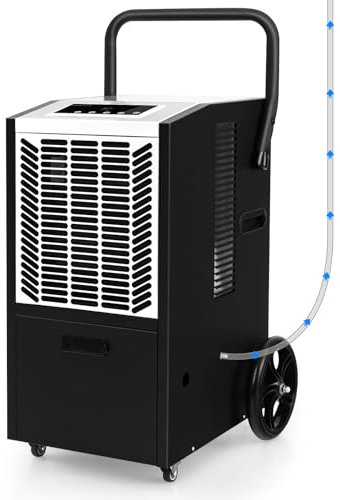 COSTWAY 66L/Day Commercial Dehumidifier, Industrial Air Dehumidifiers Building Dryer with Pump, 24H Timer, Auto Defrost, Memory Starting, LED Display & Wheels, Air Circulation 210m3/h (White + Black)
