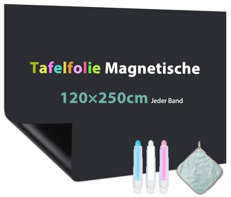 Warasee Tafelfolie Magnetisch Selbstklebend, 120 * 250cm Magnetfolie Selbstklebend Schwarz, Abwischbar Kreidefolie, Magnettafel für glatten Oberflächen in Schule Büro Haus, mit Kreidemarkern & Tuche