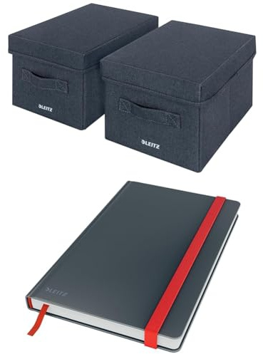Leitz Set 2x Aufbewahrungsbox mit Deckel aus Stoff Klein + kariertes Hardcover Notizbuch A5, 80 Blatt, 160 Seiten, 100 g/m² Papier FSC-zertifiziert, Für Büro, Haushalt & Schule, 61460089 + 44540089