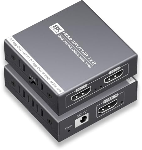Répartiteur HDMI 1 entrée 2 sorties 4K 120 Hz 8 K 60 Hz, HDMI 2.1 compatible HDCP 2.3, EDID, VRR, HDR10, Dolby, pour PS5/4, Xbox, Fire Stick, lecteur Blu-ray, Hue Sync Box, etc