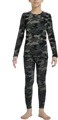 LANBAOSI Ensemble de sous-vêtement Thermique pour Garçon et Fille à Séchage Rapide Tee Shirt Manche Longue&Leggings Set, Camouflage Vert, 5-6 Ans
