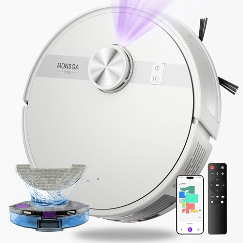 MONSGA Saugroboter mit Wischfunktion,5000Pa Saugkraft,180Min Laufzeit,Anti-Tangle-System,LiDAR Navigation, Staubsauger Roboter für Teppich, Tierhaare, APP & Fernbedienung Steuerung (Weiß)