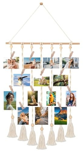 DAOOZHU Hängendes Makramee Fotowand | Fotogirlande mit 30 Holzclips und 2 Unsichtbaren Nägeln für eine Bilderkollage im Boho Stil