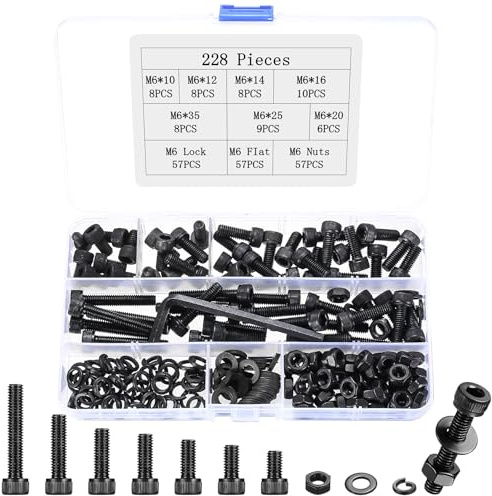 228 Pcs M6 Bolts and Nuts Set, Cylinder Hex Socket Head Cap Screws Set, Black Assorted Machine Screws Nuts and Bolts Sets with Lock & Flat Washers Assortment Kit