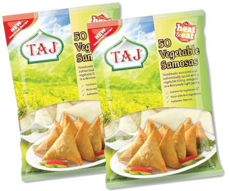 Taj Vegetable Samosa 50's 1750g Crispy Golden Indian Snack Filled with Spiced Potatoes, Peas Frozen Ready to Cook Treat No Artificial Colors Pack of 2