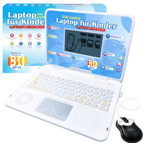 Happiegg Kinder Laptop - Bilingualer Lerncomputer (DE/EN) mit 9,7x5,2cm Bildschirm für Mathe, Alphabet, Musik & Spiele weiß