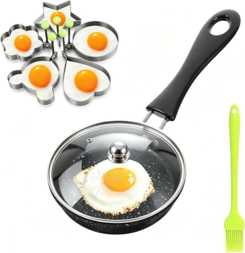 LIULINY Mini Padella Antiaderente 12 cm, Padella Piccola Antiaderente, Portatile Piccola Padellas con 1 Coperchio Spazzole 5 Stampi, Padellino per Uovo pour Cuisinière Gaz Cuisines Inductions