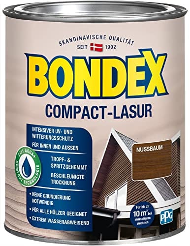 Bondex Compact Lasur NUSSBAUM 0,75 L für 9,75 m² | Wasserbasierte Holzlasur | Intensiver Wetter- und UV-Schutz | 2 in1 Aqua + Komfort Technologie | Streichen ohne Grundierung | Seidenmatt | Geruchsarm