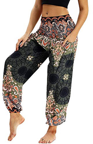 Nuofengkudu Damen Hippie Haremshose Capri Thai Hose Leichte mit Taschen Dünn Boho Ethno Blumenmuster Muster Strand Sommerhose Yogahose Braun Floral