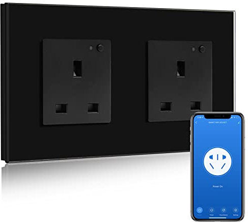 BSEED Smart Socket, WiFi Outlet Socket Work with Alexa and Google Home, Smart Life App Remote Control, Smart Timer Wall Sockets, No Hub Required, 2.4Ghz Only,13A,2 Gang Black