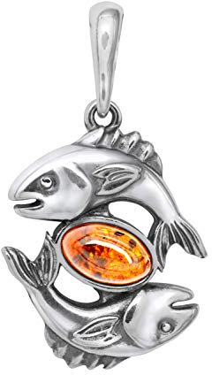 ANDANTE Premium Collection - Echter OSTSEE Bernstein Kettenanhänger in 925 Sterling Silber STERNZEICHEN ** Fische ** Zertifiziert - Gold des MEERES - Farbe COGNAC