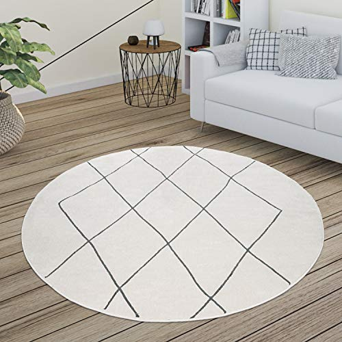 Paco Home Teppich Wohnzimmer Skandi Rauten Muster Modern Weiß Verschiedene Designs Größen, Grösse:120 cm Rund, Farbe:Weiß 2