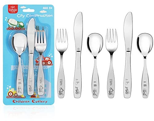 Lehoo Castle Cubiertos Infantiles, 6 piezas Vehículos Cubiertos Niños Acero Inoxidable, 2 x Tenedores Niños, 2 x Cuchillo Niños, 2 x Cucharas Infantiles (Vehículos de Construcción x 6)