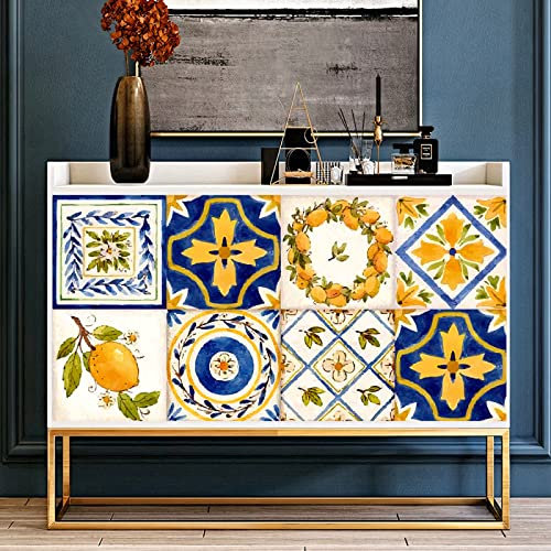 Fliesenaufkleber Marineblaue Zitrone Klebefliesen Wasserdicht Ölfest Selbstklebende Küchenrückwand Folie Mosaikfliesen Fliesenfolie für Bad Möbel Schrank Dekorative Klebefolie 16 Stück(10x10cm)