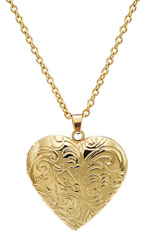 Yifnny Collana con Medaglione a Cuore, Collana a Catena con Medaglione con Foto con Fiori Inciso e Collana con Pendente a Cuore con Medaglione con Foto per Donne (Oro)