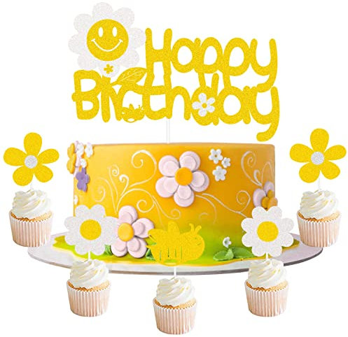 G-LOVELY'S 6PCS Gänseblümchen Blumen Cake Topper, Sonnenblume Geburtstagsdeko Topper, Glitzer Gelb Silber Daisy Sommer Blume Cupcake Toppers für Geburtstagsfeier Sommerfest Kuchen Dekoration