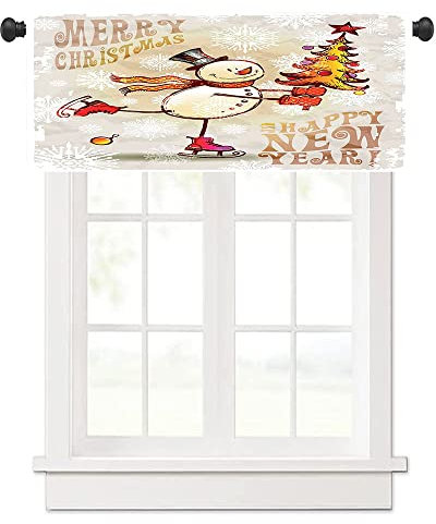 Mantovana per tenda natalizia, con pupazzo di neve felice e albero di Natale disegnato a mano, con fiocchi di neve, per bagni con tasche per asta, larghezza 152 x lunghezza 30,5 cm, beige e bianco