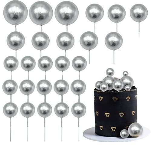 Gyufise 30Pcs Mini Balloon Cake Topper Foam Ball Cake Picks Cupcake Faux Pearl Balls DIY Cake Insert Topper Decoration for Anniversary Graduation Birthday Party Baby Shower Silver