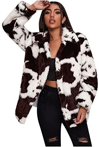 Teenager Mädchen Harajuku Kuhdruck Kunstpelz Mäntel Winter Warm Jacken Fuzzy Anorak Leichte Slim Übermäntel für Petite, Schwarz , 38