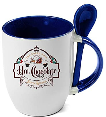 Getagift North Pole, Hot Chocolate Santa Claus Approved, Drink Hot Coco Mug, Secret Santa, Christmas Coffee/Tea Cocoa Soup Daily use 11oz Inside Coloured with Spoon Mug. (Blue)