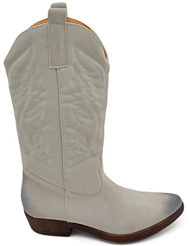 Stivali Donna camperos Texani Stile Western Ghiaccio Fantasia Laser su Pelle Scamosciata Tinta Unita Altezza Polpaccio (40 EU)