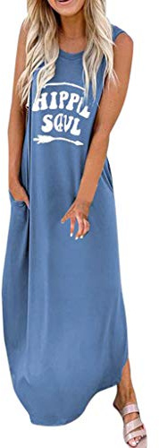 Sommerkleid Damen Lang - Strandkleid Sommer Maxikleid Ohne Ärmel Rundhals mit HAPPLE Soul Brief Drucken Langes Shirtkleider Lässig Locker Sommerkleider Freizeitkleid Blusenkleid
