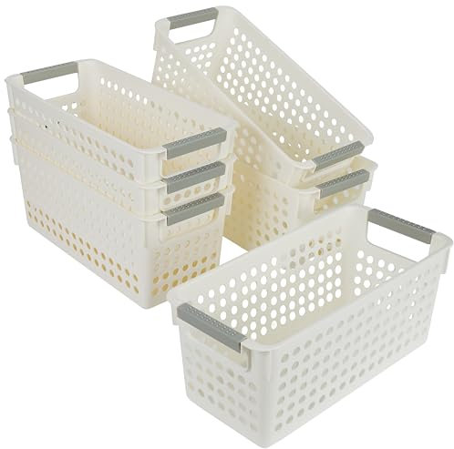 Kurtzy Set de Cajas Organizadoras Blancas con Asas - 6x Caja Organizadora de Plastico de 29 x 13,5 x 12,3 - Cestas Almacenaje para Cocina Dormitorio Baño Oficina Despensa y Más