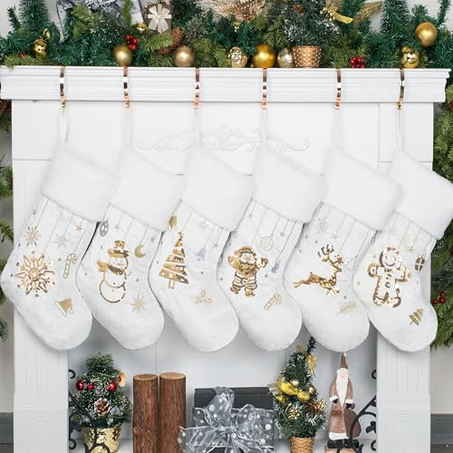 GEX Weihnachtsstrümpfe für Familie, 50,8 cm, groß, bestickt, luxuriös, weißer Samt mit goldenen Pailletten, hängende Ornamente, Dekorationen für Kamin, Weihnachtszeit, 6 Stück