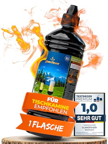 Glanzfeuer Bioethanol für Tischkamin - 1x1 Liter - Für Tischkamin Indoor & Outdoor - Premium Bio Ethanol Made in EU - 100% Rauch- und Rußfreies Ethanol für Tischfeuer - Kamin Feuerstelle