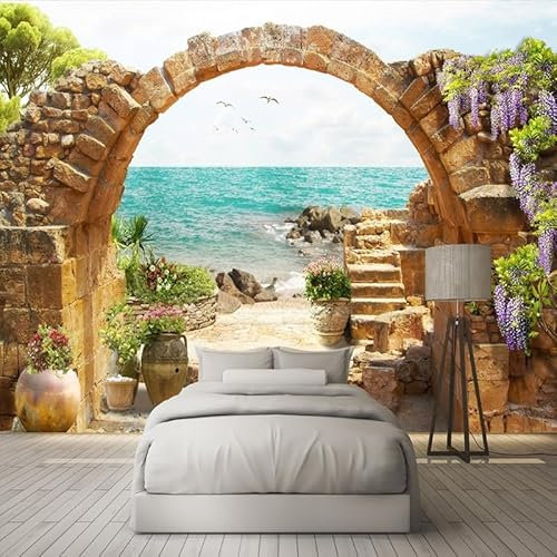 YOITS Papier peint mural 3D avec arches en pierre de jardin et vue sur la mer pour salon, canapé, chambre à coucher, grandes peintures murales (L) 380 × (H) 240 cm
