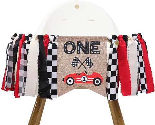 TUTOTU Race Car One Hochstuhl Banner - Jungen 1. Geburtstag Party Dekorationen Autorennen Thema Rot Kariert Rechteckig Banner